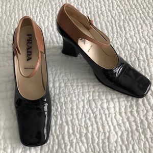 Prada black patent strap heels 7.5 fits like a 7